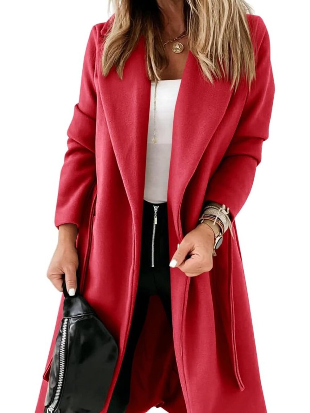 Women's Red Classic Lapel Soft Collar Open Front Belted Long Jacket Pea Coats